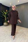 Broş Detaylı Rahat Pantolon Takım Kahve