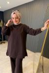 Broş Detaylı Rahat Pantolon Takım Kahve