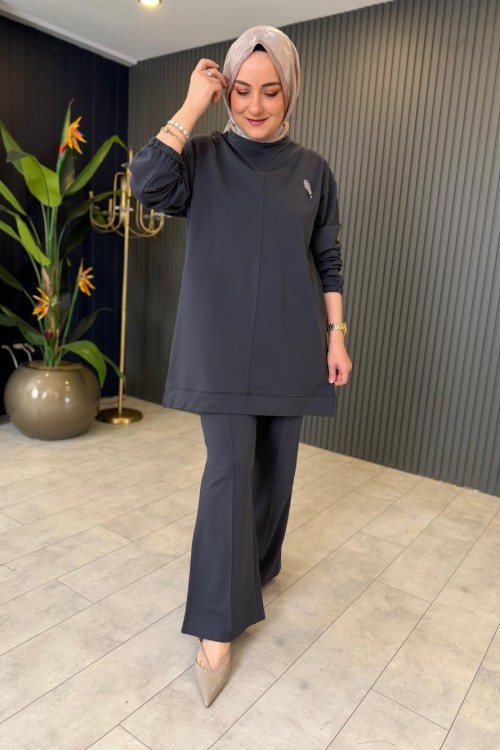 Broş Detaylı Rahat Pantolon Takım Antrasit