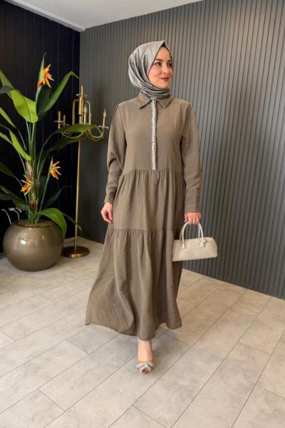 Hüma Taş Detaylı Elbise Haki
