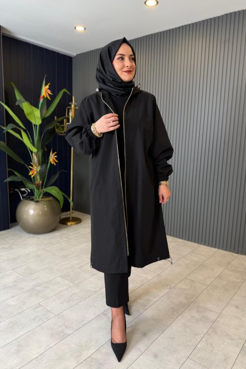 Kapüşonlu Trenç-Kap Siyah