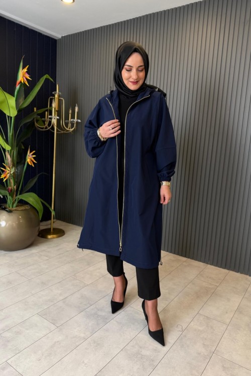 Kapüşonlu Trenç-Kap Lacivert