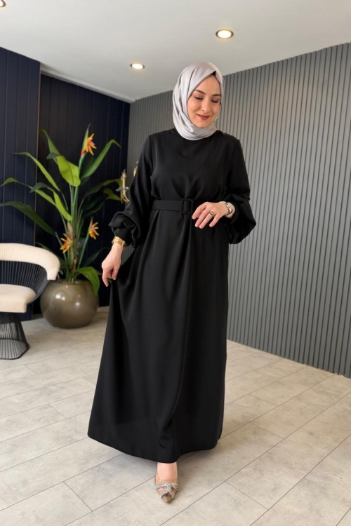 Flora Kemerli Balon Kol Elbise Siyah