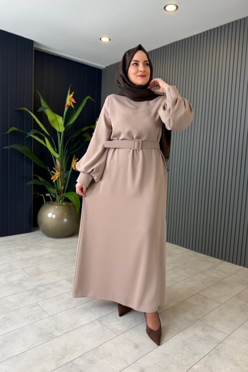 Flora Kemerli Balon Kol Elbise Bej