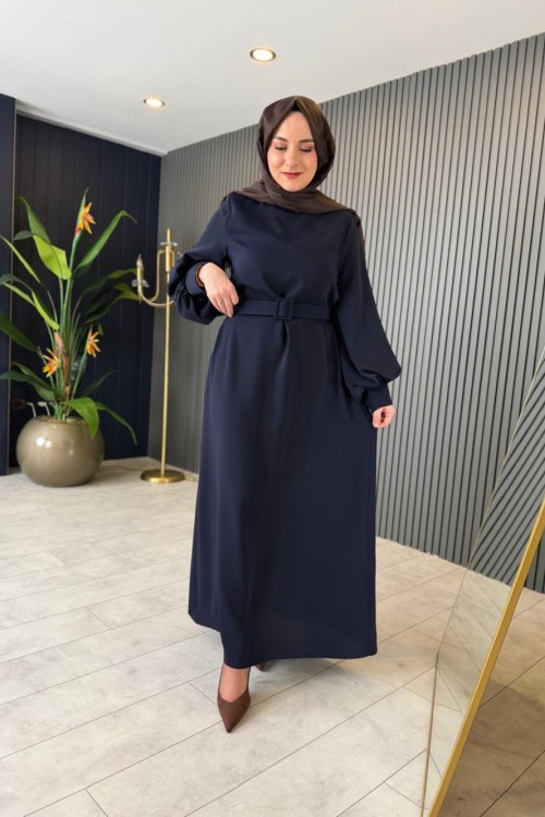 Flora Kemerli Balon Kol Elbise Lacivert