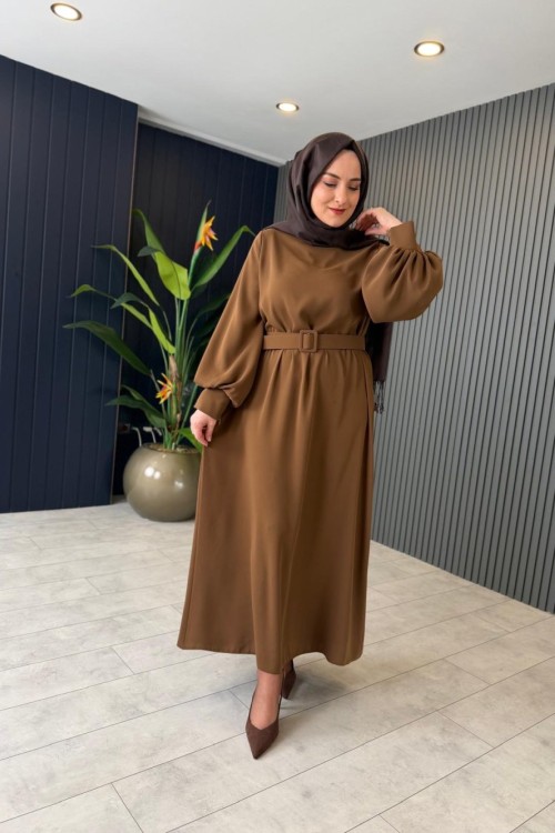 Flora Kemerli Balon Kol Elbise Camel