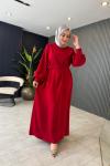 Flora Kemerli Balon Kol Elbise Kırmızı