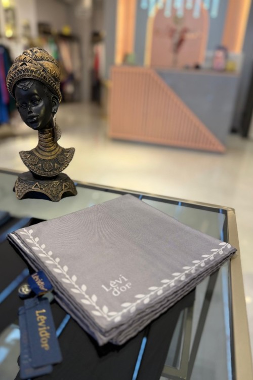 Kenar Yaprak Desenli Twill İpek Eşarp Gri