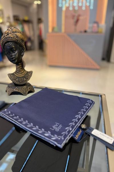 Kenar Yaprak Desenli Twill İpek Eşarp Lacivert