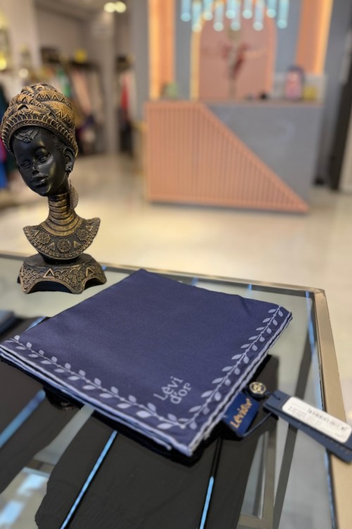 Kenar Yaprak Desenli Twill İpek Eşarp Lacivert