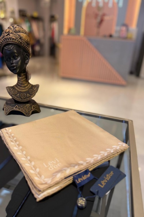 Kenar Yaprak Desenli Twill İpek Eşarp Bej
