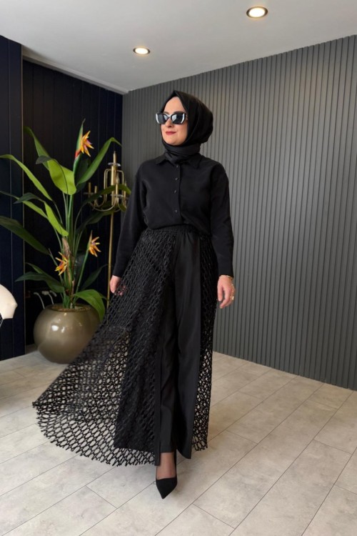 File Örgü Detaylı Pantolon Etek Siyah