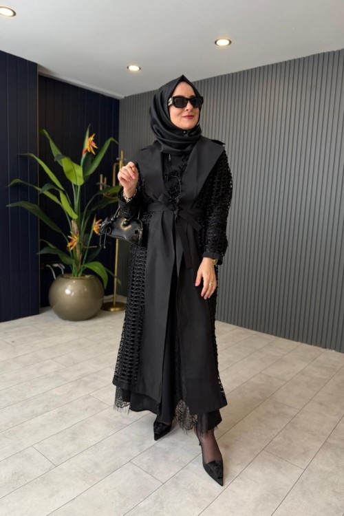 File Örgü Detaylı Tasarım Trençkot Kap Siyah