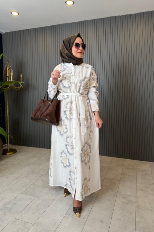 Çiçek Payetli Keten Elbise  Ekru