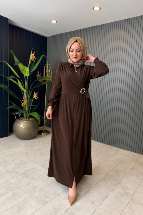 Toka Detaylı Fermuarlı Kap Kahverengi