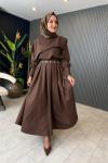 Levidor Yaka Detaylı Kemer Aksesuarlı Etekli Takım  Kahve
