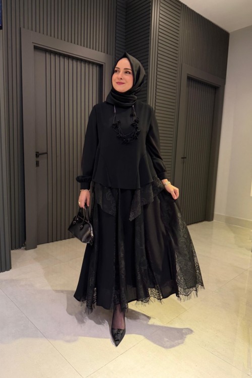 Levidor Dantel Detaylı Özel Tasarım Etekli Takım Siyah