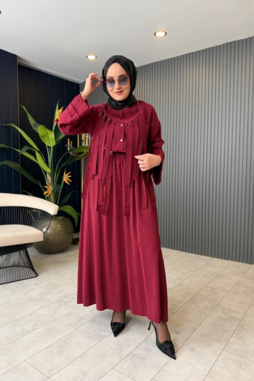 Önü Saçak Bant Detaylı Sicilya Etekli Takım Bordo