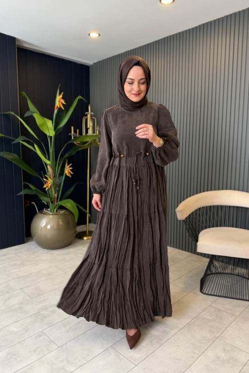 Beli Boncuk Kemerli Suel Kraşlı Elbise Kahverengi