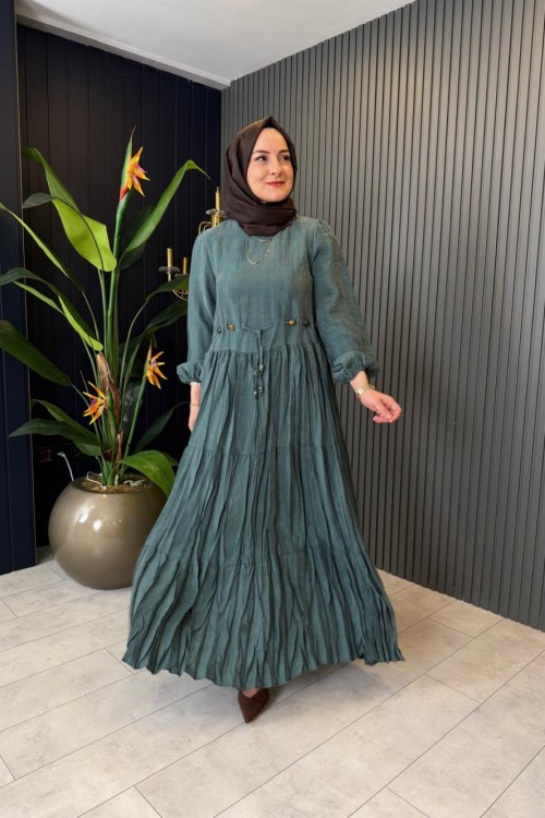 Beli Boncuk Kemerli Suel Kraşlı Elbise Yeşil