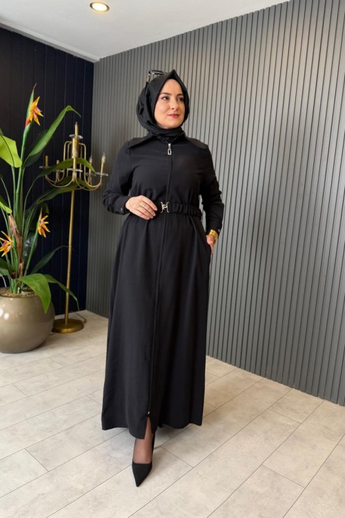 Kemerli Tensel Kap Elbise Siyah