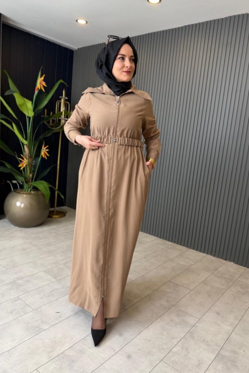 Kemerli Tensel Kap Elbise Bej