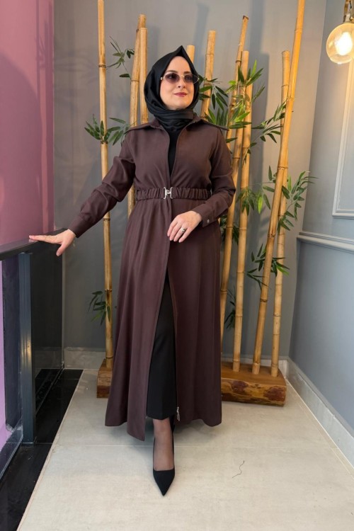 Kemerli Tensel Kap Elbise Kahve