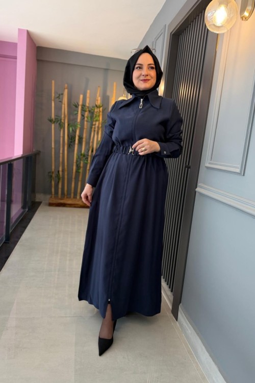 Kemerli Tensel Kap Elbise Lacivert