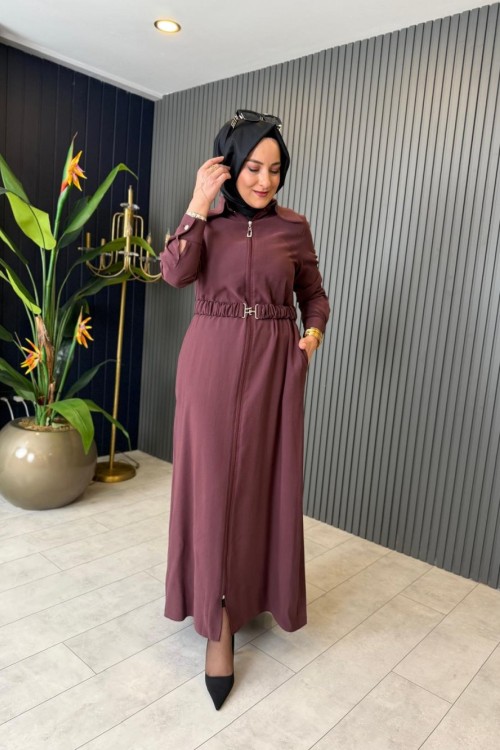 Kemerli Tensel Kap Elbise Bordo