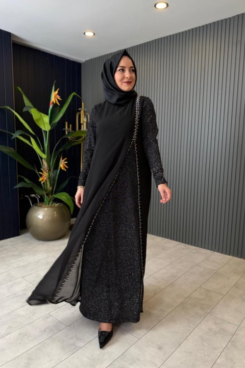 Simli Taş Detaylı Elbise Siyah