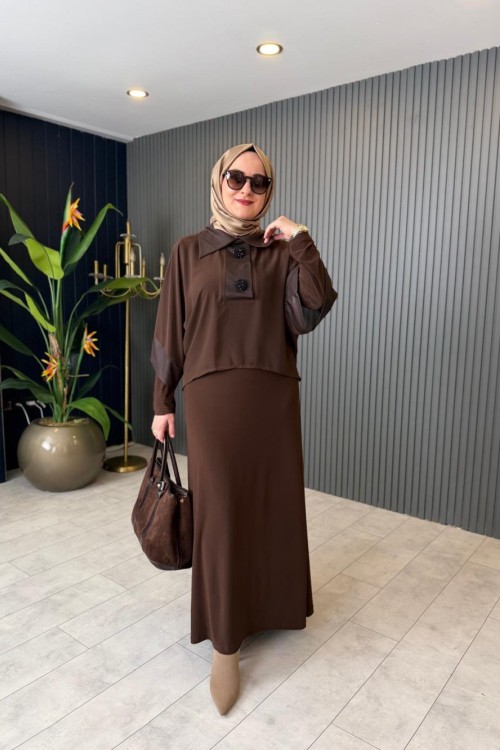 Şifon Yakalı Abiye Elbise Kahve