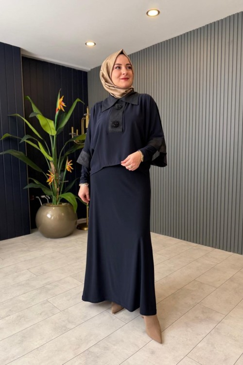 Şifon Yakalı Abiye Elbise Lacivert