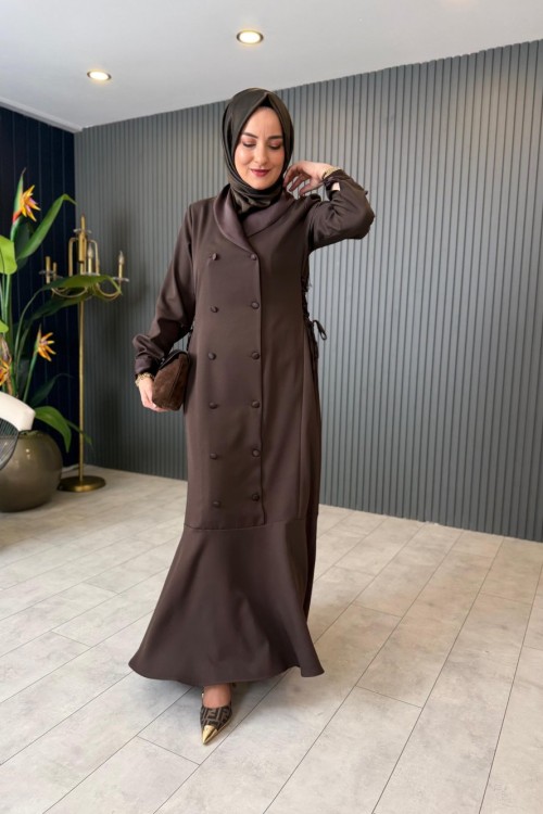 Elsa Saten Yaka Elbise Kahve