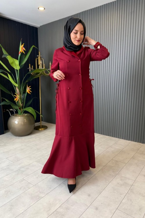 Elsa Saten Yaka Elbise Bordo