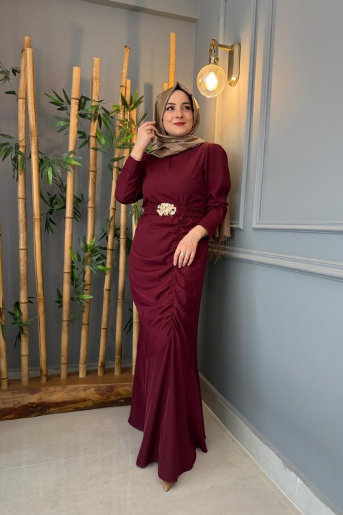 Büzgü Detaylı Adriana Elbise Bordo