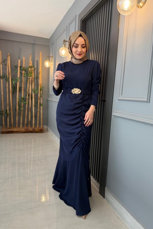 Büzgü Detaylı Adriana Elbise Lacivert