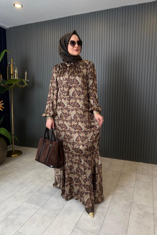 Etnik Desen Olivia Elbise Kahve