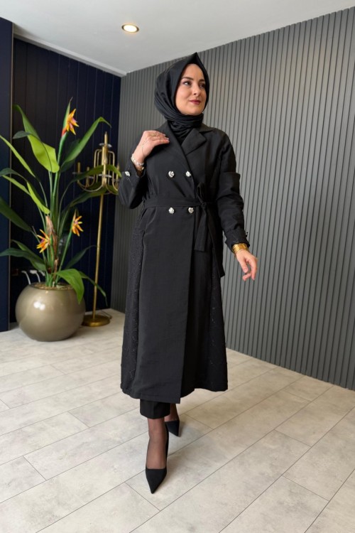 Jakar Detaylı Çift Düğme Trenç-Kap Siyah