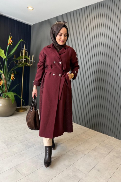 Jakar Detaylı Çift Düğme Trenç-Kap Bordo