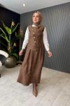 Gold Düğme Detaylı Yelekli Etekli Takım Kahve