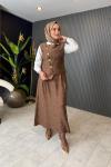 Gold Düğme Detaylı Yelekli Etekli Takım Kahve