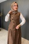 Gold Düğme Detaylı Yelekli Etekli Takım Kahve
