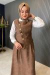 Gold Düğme Detaylı Yelekli Etekli Takım Kahve