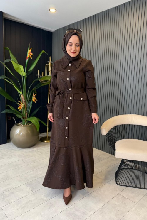 Düğme Detaylı Jakar Elbise Kahverengi