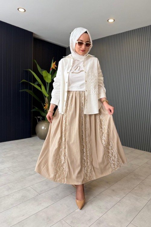 Levidor Dantel Detaylı Etek Bej