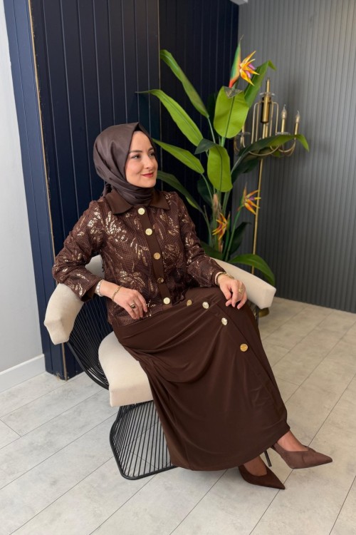 File Ceketli Payet Detaylı Elbise Kahve