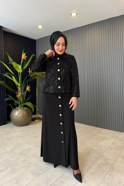 File Ceketli Payet Detaylı Elbise Siyah