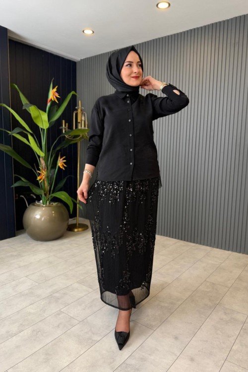 Payet Detaylı Tasarım Etekli Takım  Siyah