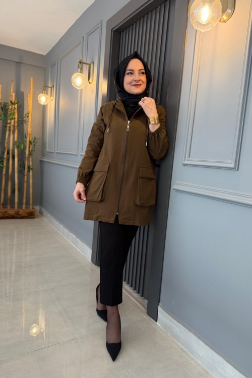 Kanguru Cep Detaylı Kapüşonlu Kap Kahve