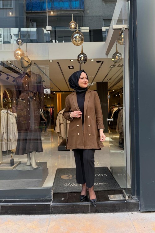 Çift Düğmeli Hüma Keten Ceket Kahve